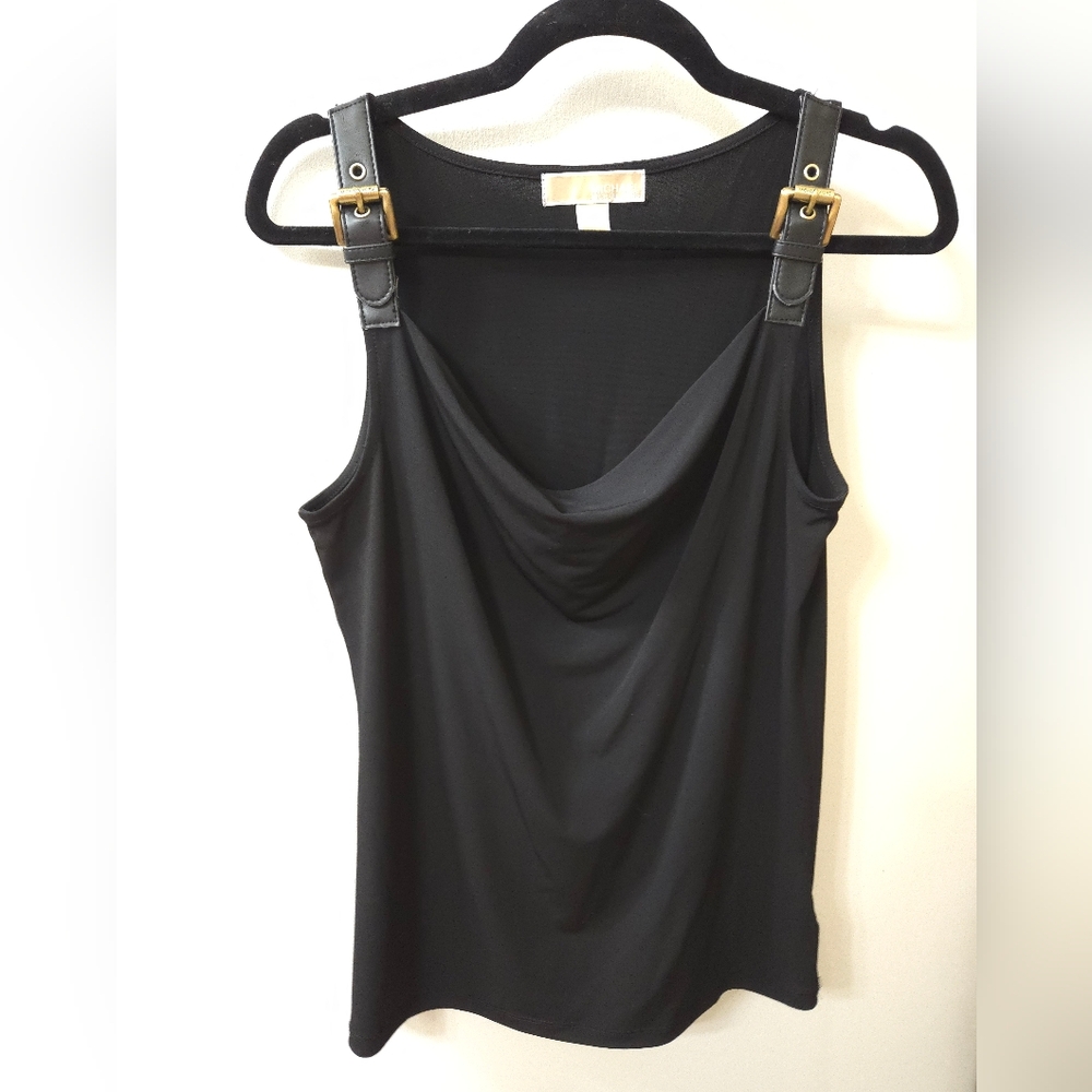 Michael Kors Black Tank Top with Gold Buckle & Leather Strap Details (Size M)